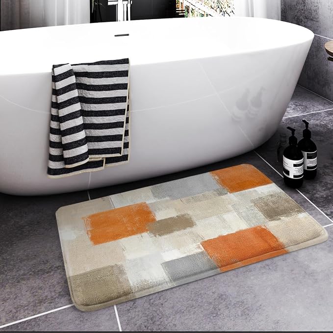 Britimes Bath Mat for Bathroom Orange Gray Abstract Pattern Geometric Bath Rug Floor Mat Bathroom Decorations 16x24 inches for Kitchen Bedroom Indoor