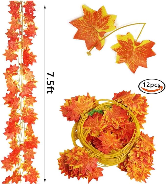 Fall Garland Maple Leaf, Hanging Vine Garlands Artificial Autumn Foliage Garland Thanksgiving Decor for Home Wedding Fireplace Party Christmas (Maple/12 Strands)