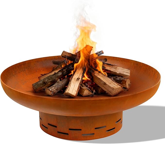 KOL Fire Pit for Outside Wood Burning, 27.5 Inch Round Firepit Bowl Outdoor and Patio, Heavy-Duty Steel Bonfire Pit Oxidized Finish, Free-Standing, Camping Backyard Terrace