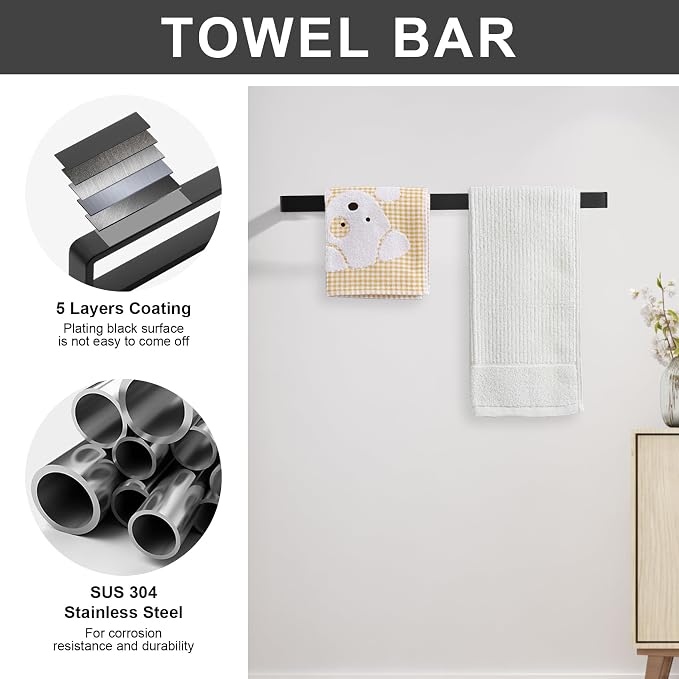 YACVCL 4-Piece Matte Black Bathroom Hardware Accessories Set, Bath Towel Bar Set SUS304 Stainless Steel, Round Towel Racks for Bathroom Wall Mounted