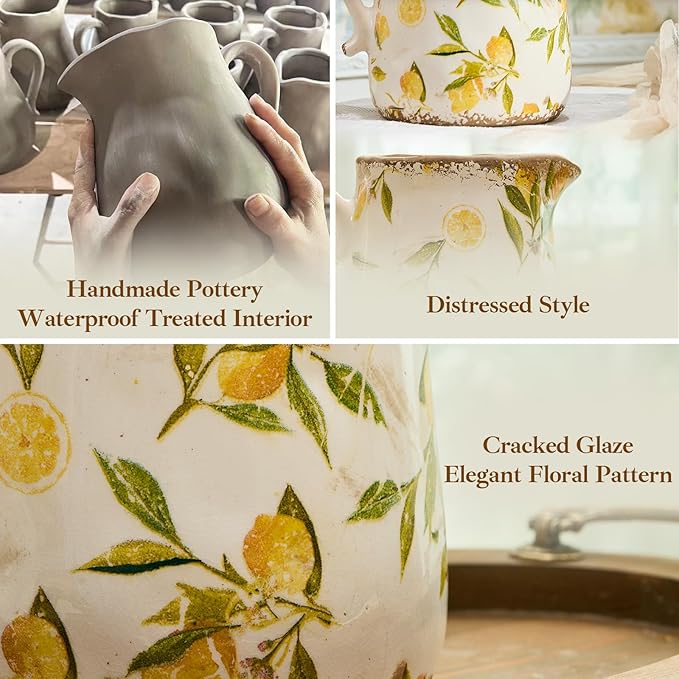 Vintage Lemon Ceramic Vase with Handle, Retro Ice Glazed Crack Farmhouse Pitcher Vase for Home Decor, Living Room, Shelf, Office, Rustic Table Centerpiece 7 Inch