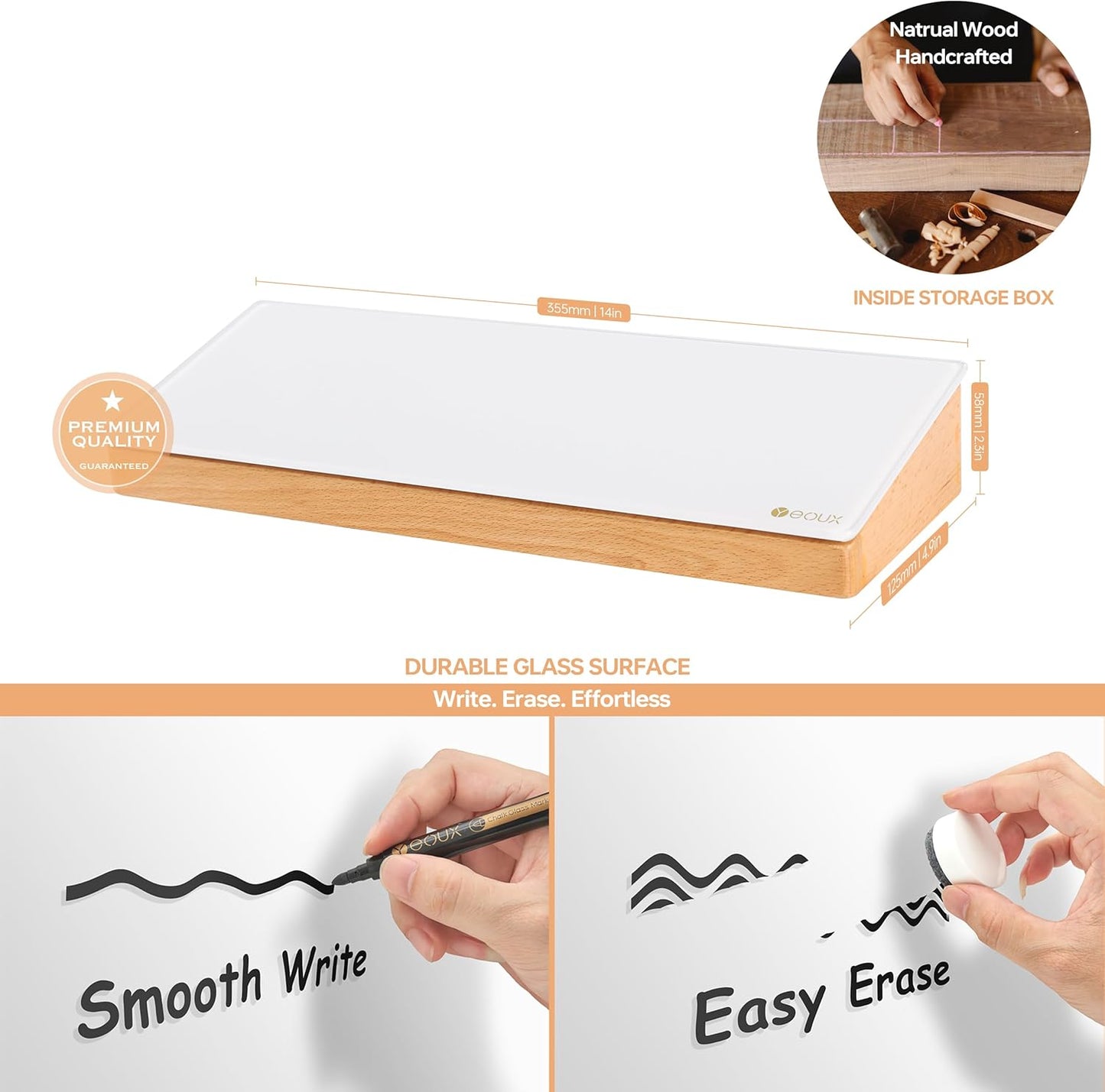 Yeoux Glass Desktop Whiteboard - Aesthetic Dry Erase Board with Wood Organizer & Drawer for Office