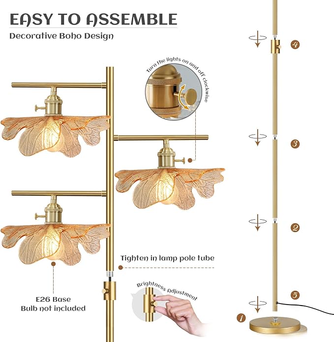 Vintage Floor lamp Dimmable Standing Lamps for Living Room, Modern Tall Floor lamp Gold Floor Lamps 65" Farmhouse Floor Lamps Amber Glass Tall lamp for Corner Bedroom Study Office Home