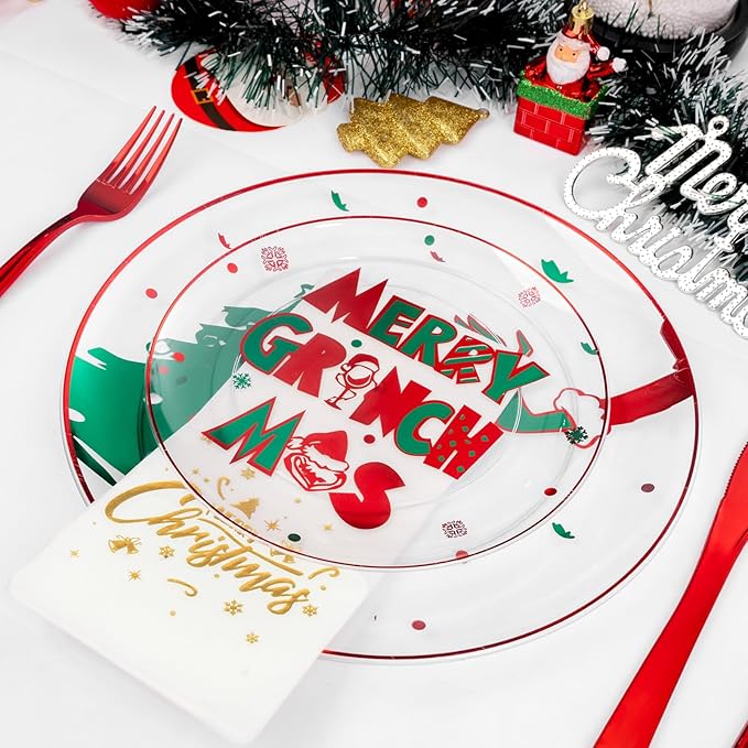 DaYammi 210Pcs Clear Green Monster Plastic Plates Disposable Christmas Dinnerware Set Include 30 Dinner Plates,30 Dessert Platos,30 Forks,30 Knives,30 Spoons,30 Cups,30 Napkins for Christmas Party