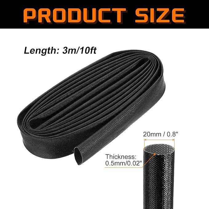 MECCANIXITY 10ft Braided Cable Sleeve, 0.8" ID 200C High Temperature 1500V Fiberglass Wire Insulation Cord Protector Organizer Wires Management for Motor Engine Fuel Line, Black