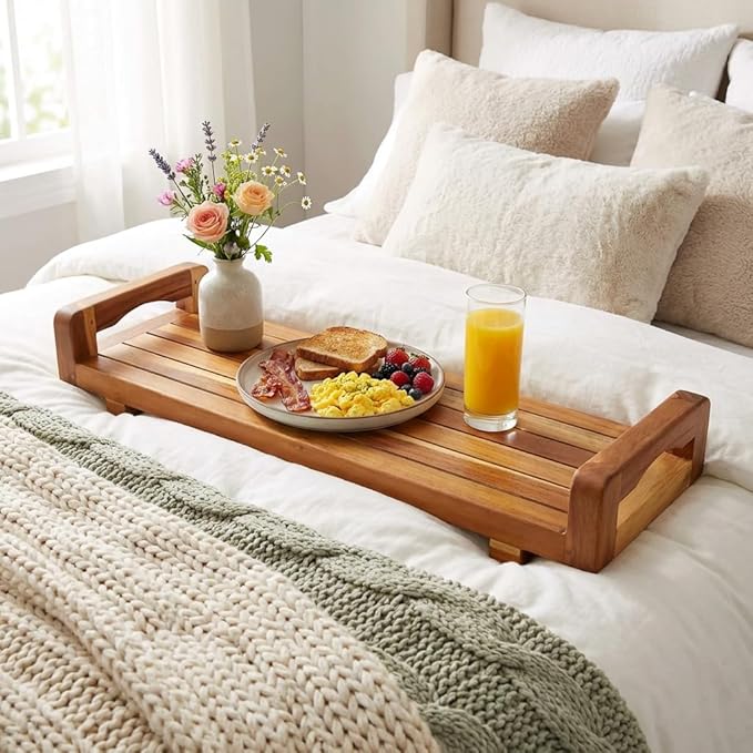 EcoDecors, 34 inch, with LiftAid Handles, Bath Tray for Tub, Bath Tub Tray Wood, Bathtub Table, Caddy for Bathtub in Natural Teak