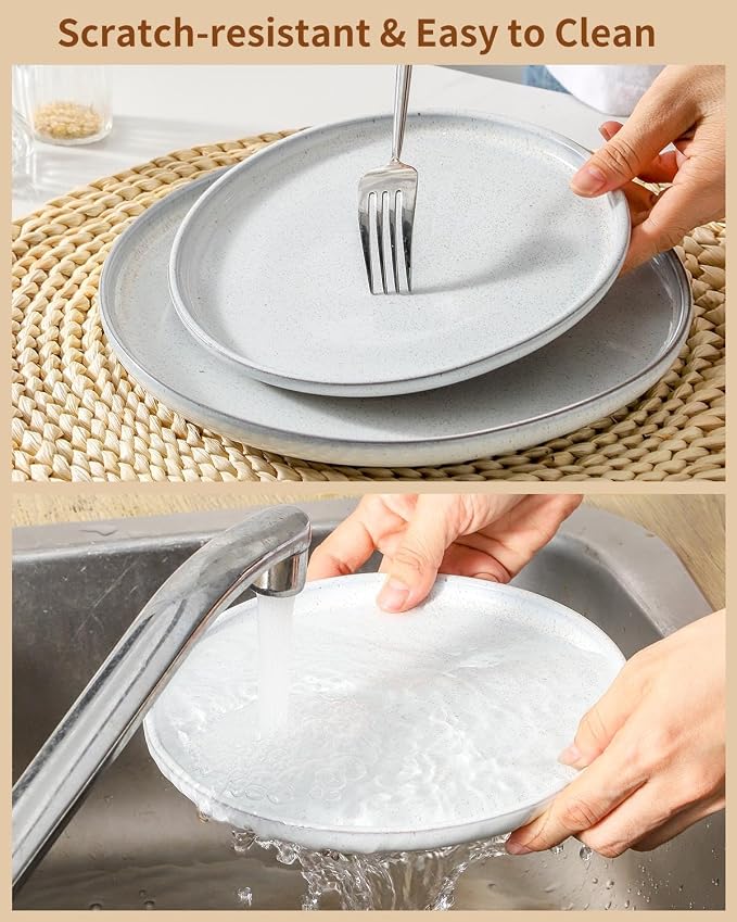HASENSE Plates and Bowls Sets, 18 Pieces Porcelain Dishes Sets Service for 6, Stoneware Dinnerware Sets with Speckled Pattern, Scratch Resistant Microwave and Dishwasher Safe, Bluish White
