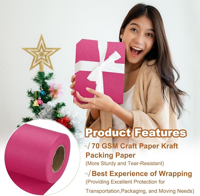 PATIKIL Wrapping Paper, 17" x 450"(37') 70 GSM Craft Paper Roll Kraft Packing Paper for Poster Bulletin Board, Gift Wrapping, Dark Pink