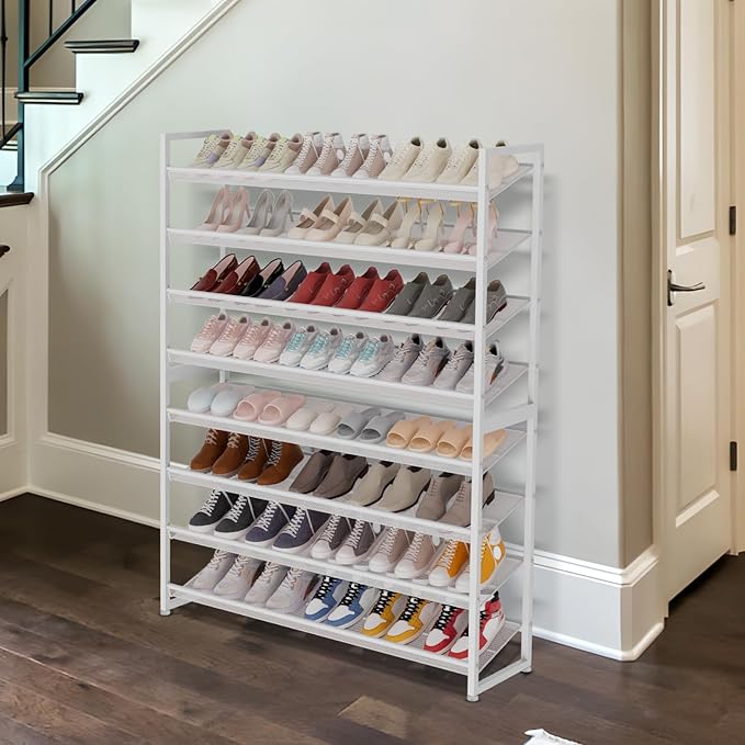 NEYCIL Large Shoe Rack 8 Tier Shoe Organizer, Heavy Duty Metal 4-Tier Stackable Shoe Storage Vertical Shoe Rack for Closet Front Door Entrance, Up to 50 Pairs, 44.8" W x 11.4" D x 56.7" H, White