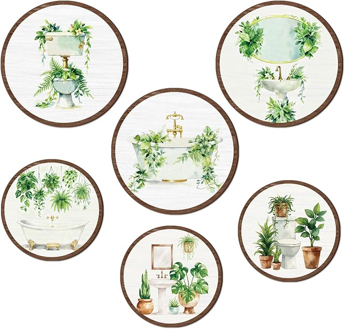 TOARTi 6pcs Minimalist Botanical Bathroom Wall Art Set(9.9”x3/7.9”x3) Round Sage Green Plant Wall Hanging Farmhouse Plant Toilet Wooden Sign Sage Botanical Wall Decor for Washroom Toilet