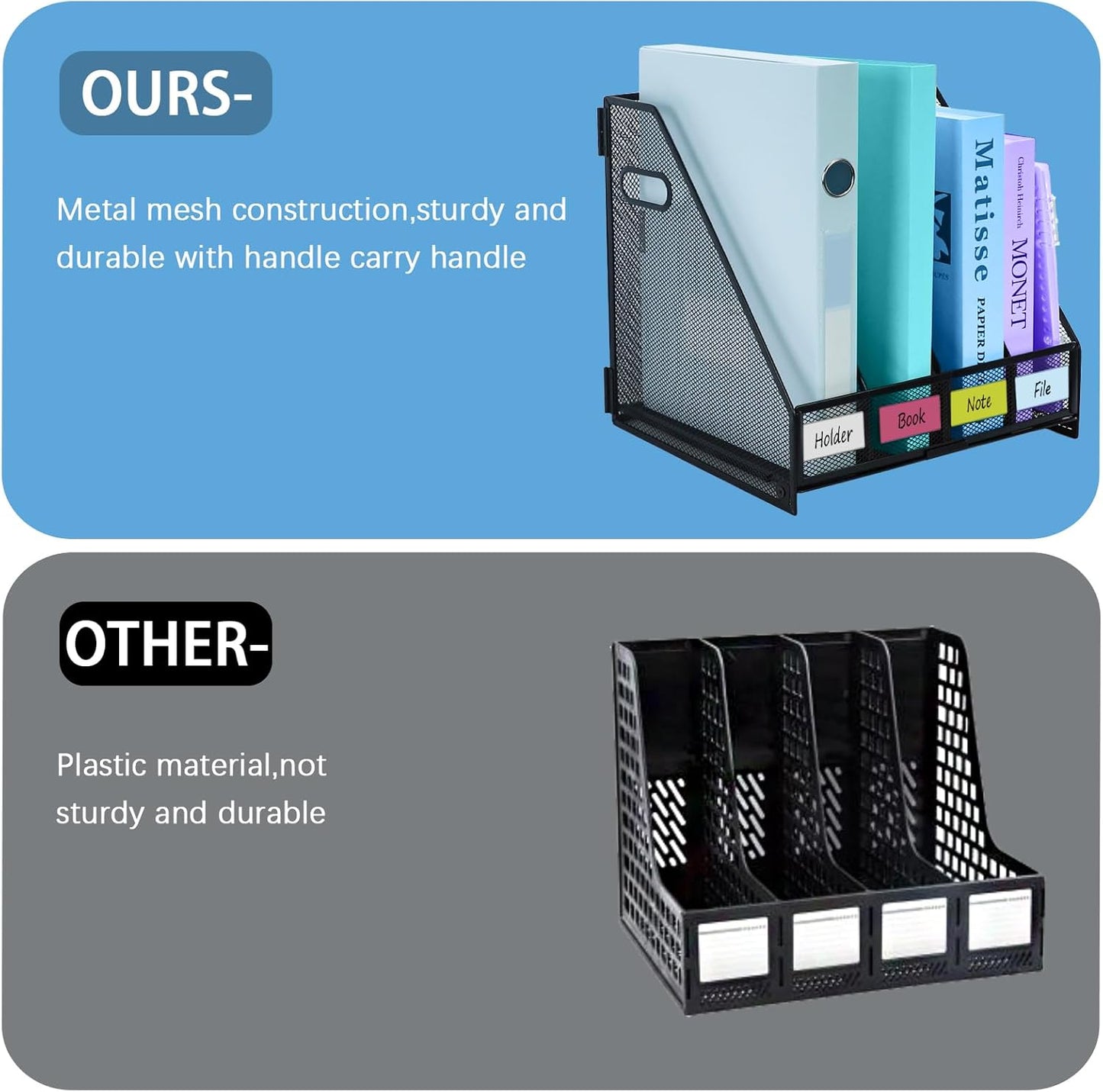 Skiennix Metal Magazine File Holder - Stylish Desktop Organizer with 4 Vertical Compartments for Home & Office