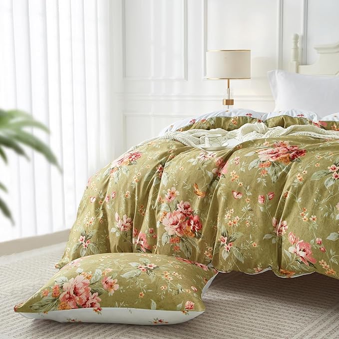 mixinni Duvet Cover Full Size, Long Staple Cotton Reversible Green Floral Duvet Cover Set with Zipper Ties, 3 Pieces Botanical Pink Flowers and Green Branches Patterns Bedding Set