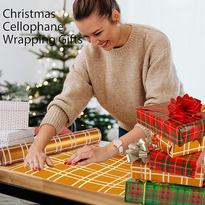 CMFYHM Christmas Cellophane Wrap Roll (34" x 100’Ft) 3 Mil Thicken Long Film Gift Wrappings for Autumn Thanksgiving Baskets, Box,Wine, Christmas Decor(Gold And White)