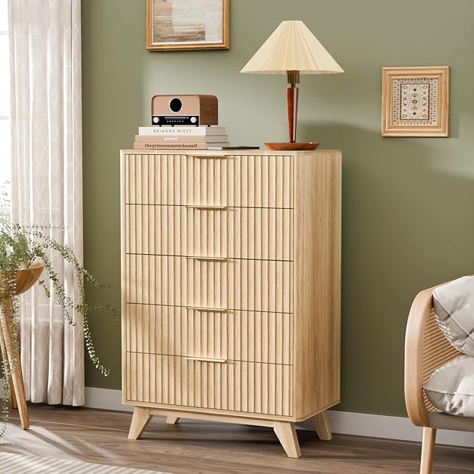 VINGLI Tall Dresser for Bedroom, Fluted Dresser Vertical Chest of Drawers, Tall Skinny Dressers with Rounded Edges, 29.92" W*15.6" D*44.88" H