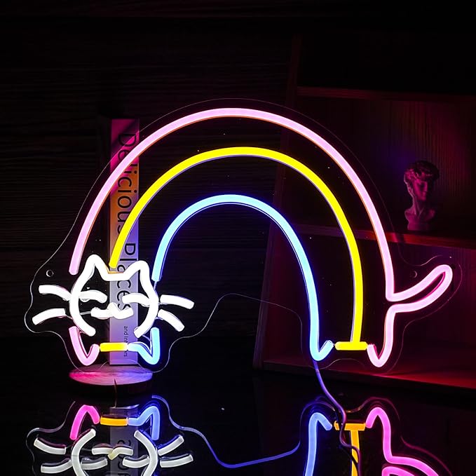 Rainbow Cat Neon Sign Cute Cat Led Light Up Sign Powered by USB Dimmable Colorful Rainbow Neon Light for Bedroom Kids Room Cat Cafe Bar Man Cave Wall Decor