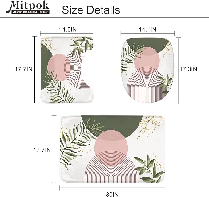 4 PCS Pink Sage Green Boho 72Wx72H Shower Curtain Set Modern Mid Century Plant Bath Rug Toilet Lid Cover Nonslip U Shape Mat Quick Dry Bathroom Decor with 12 Hooks
