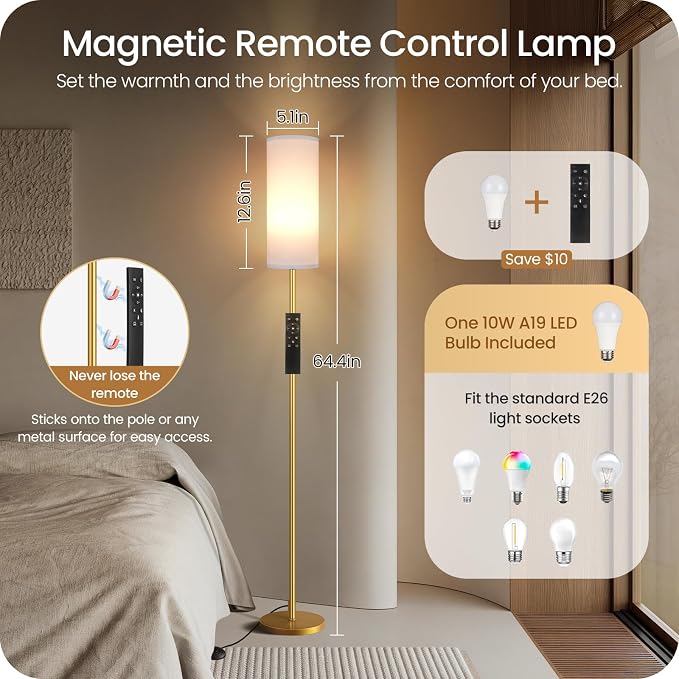 Set of 2 Dimmable Floor Lamps for Living Room with 2 Remotes and Foot Switch, 64.4”Modern Standing Lamp, Corner Lamp for Bedroom, Bulb Included, 3000K-6500K, White and Gold DCW06LDP205W1