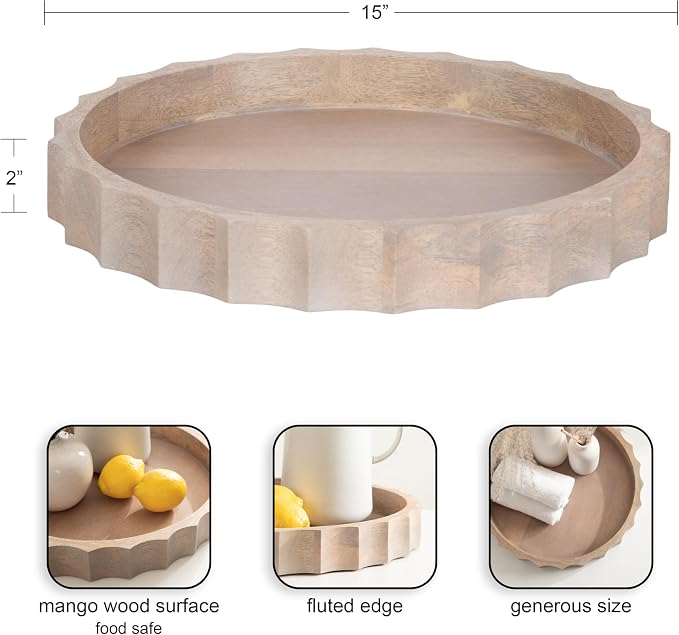 Kate and Laurel Lissi Decorative Round Tray with Wavy Design; 15 Inch Diameter; Natural Wood; Modern Scalloped Circle Serving Tray for Coffee Table Ottoman; Dining Table; or Entryway Tray