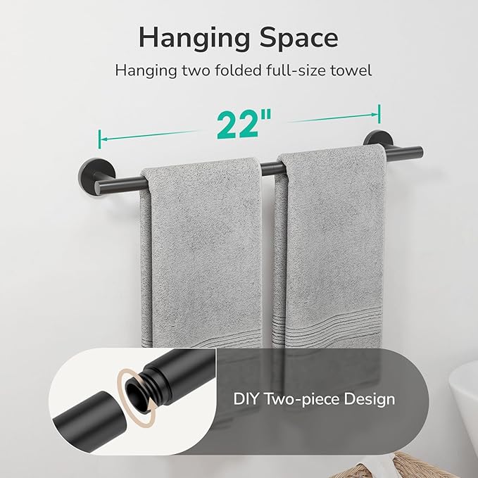USHOWER Matte Black Towel Bar, 22-Inch Towel Rack for Bathroom Wall Mounted, Thicken SUS304 Stainless Steel Towel Rod Modern Home Decor (Total Length 24-Inch)