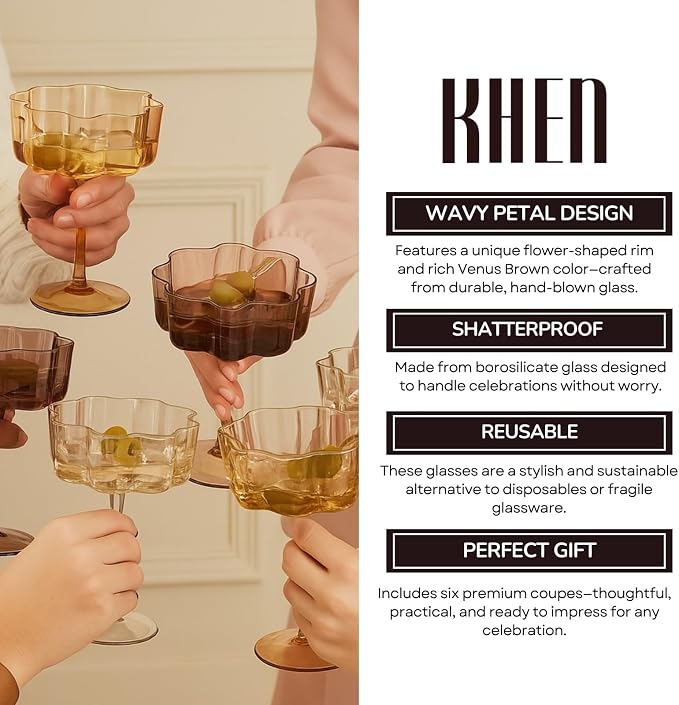 Venus Flower Scalloped Vintage Wavy Petals Wave Glass Coupes 7oz Colorful Martini, Champagne & Cocktails, 6 Set Brown Amber Shades Rippled Champagne Glasses, Elegant Bar Glassware, Aesthetic Coupe