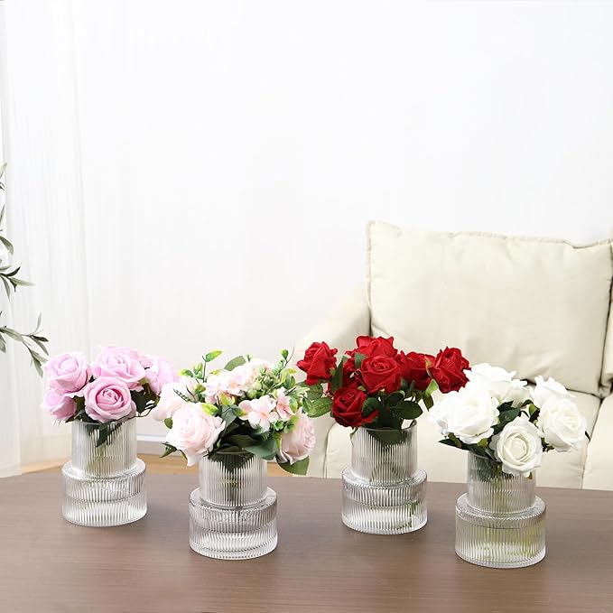Ribbed Glass Vases, Set of 4 Small Vases for Flowers, Clear Glass Vase for Tulips, Modern Vase for Living Room, Kitchen, Office, Entryway, Bookshelf, Wedding Gifts, Birthday, 6 Inches