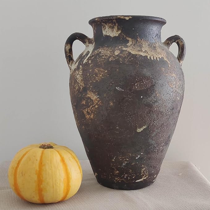 Black Pottery Vase - 10" Rustic Farmhouse vase, Vintage Weathered Terracotta Vases, Handmade Clay vases with Two Handles, Tall Textured Antique Vase for Home Decor, Entryway, Fireplace Mantel Decor