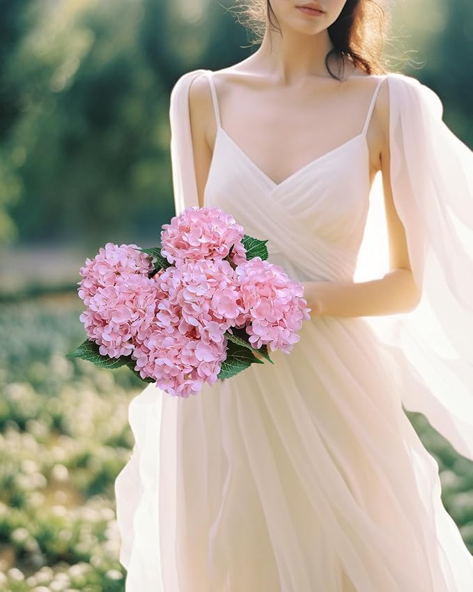 6PCS Premium Pink Hydrangea Artificial Flowers Bouquets, Light Pink Silk Hydrangea Flowers Heads with Stems, Fake Hydrangeas Flowers Arrangement, Faux Hydrangea Decor for Home Wedding Party