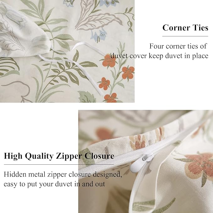 EAVD Vintage Floral Duvet Cover Queen Size White Soft 100% Cotton 3-Piece Chic Coquette Bedding Set with 2 Pillowcases Garden Botanical Floral Comforter Cover with Zipper Closure