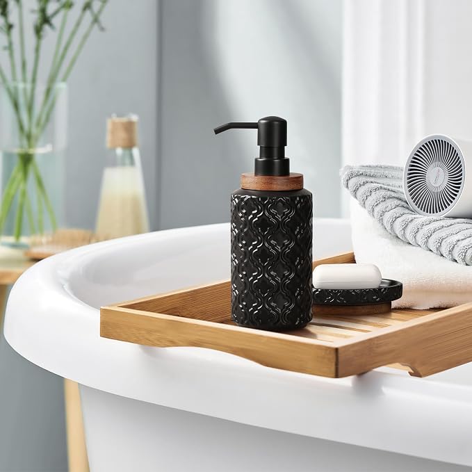 RQYIXI Elegant Bathroom Accessories Set 6 PCS Ceramic and Wood Bathroom Accessory Set Soap Dispenser Toothbrush Holder Tumbler Soap Dish Tray Trash Can Easy to Clean Quatrefoil Pattern Black