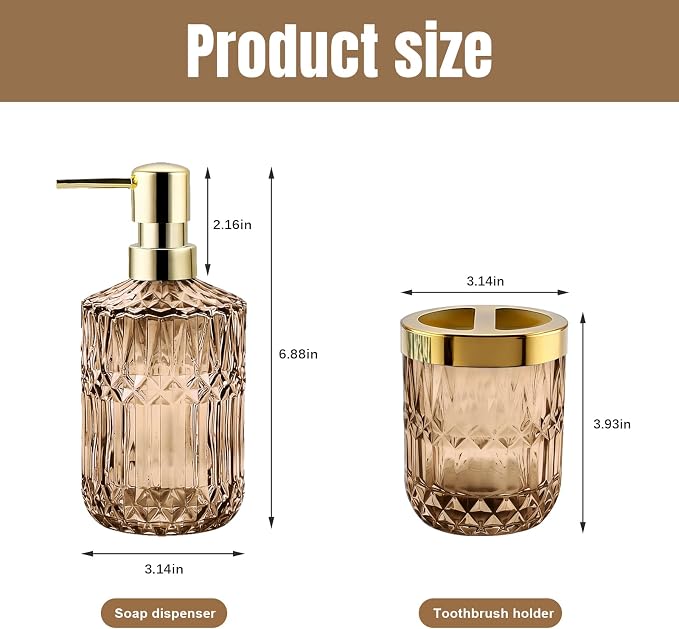 2Pcs Brown Bathroom Accessories Set, Glass Bathroom Accessories, Vintage Bathroom Countertop Decoration Includes Soap Dispenser, Toothbrush Holder