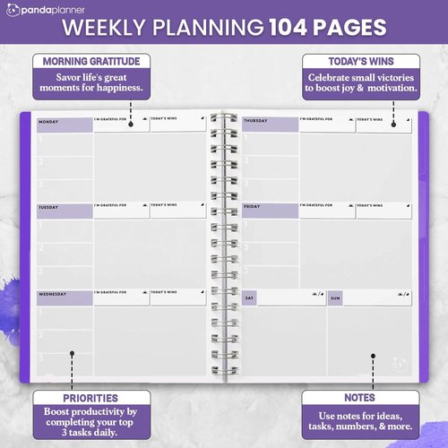 Panda Planner Undated Weekly Planner - 52 Weeks, Habit Tracker & To-Do Lists | 5.75" x 8.25" - Purple