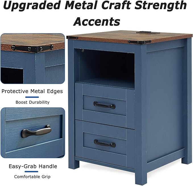 Farmhouse Night Stand Set of 2, Rustic Blue Nightstand for Bedroom, End Tables with Charging Station, Bedside Table with Drawers, Wood Bedside Cabinet Dresser