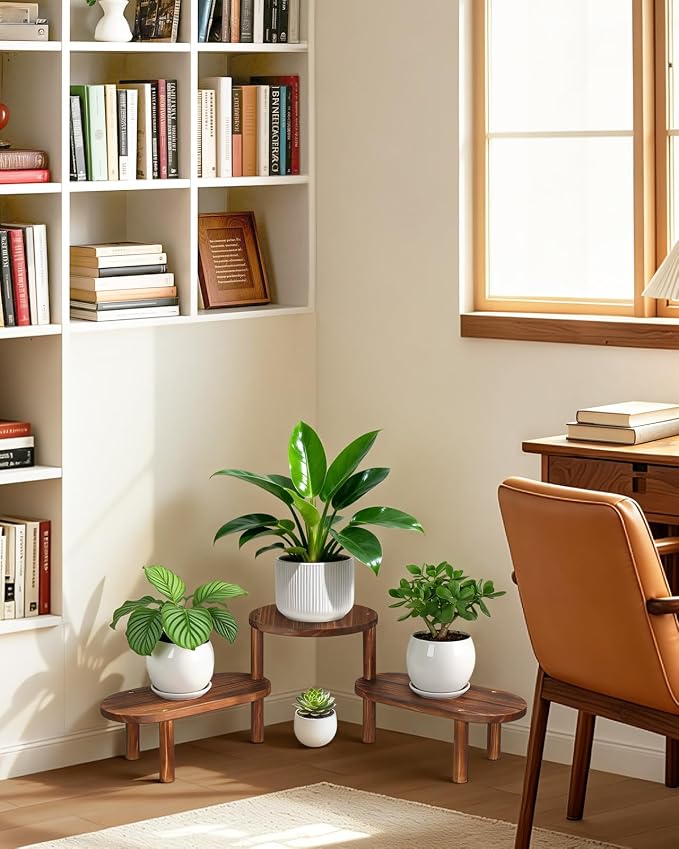 3 Tier Corner Plant Stand Indoor - Adjustable Wood Convex Flower Stand for Small Spaces, Heavy Duty Long Plant Shelf for Living Room Balcony Hallway