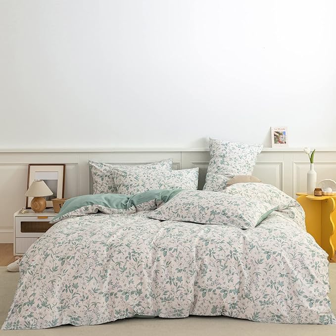 EAVD Vintage Style Garden White Floral Duvet Cover Queen Soft 100% Cotton Flower Green Leaves Botanical Bedding Set with 2 Pillowcases Chic Botanical Floral Comforter Set Aesthetic Bedding Set