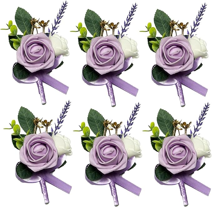 6PCS Purple Lavender Boutonniere for Men, Lilac Boutonniere Pins for Men Groomsmen Guest Boutonniere, Artificial Flowers for Wedding Decor Prom Homecoming