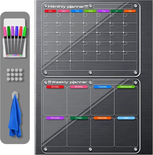 Magnetic Acrylic Dry Erase Calendar Board Set by [Brand Name] - Clear Weekly & Monthly Planner | 2 Pack with 8 Markers (11.8" × 15.7")