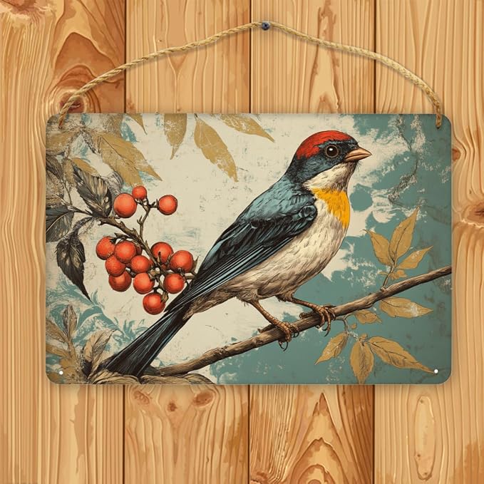 Vintage Bird Themed Wood Plaque Wooden Wall Decor 12x8 Inch Farmhouse Home Decor Entryway Kitchen Bedroom Nursery Art for Nature Lovers Rustic Hanging Decors