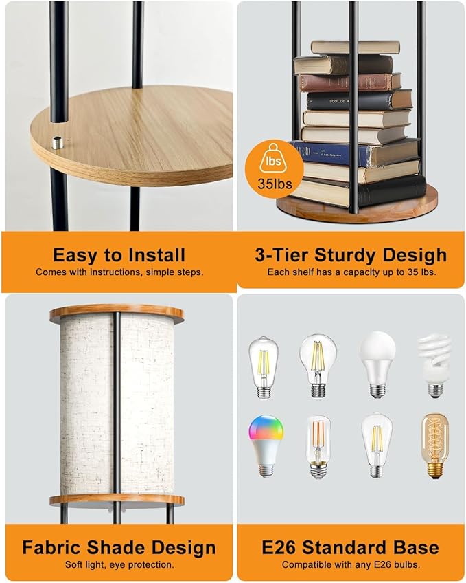 Lightdot 61" Floor Lamp with Shelves, Modern Black Standing Lamp with Fabric Shade and 3- Tier Solid Wood Table Attached, Corner Bookshelf Lamps with Bulb Included for Sofa Beside/Corner Decor