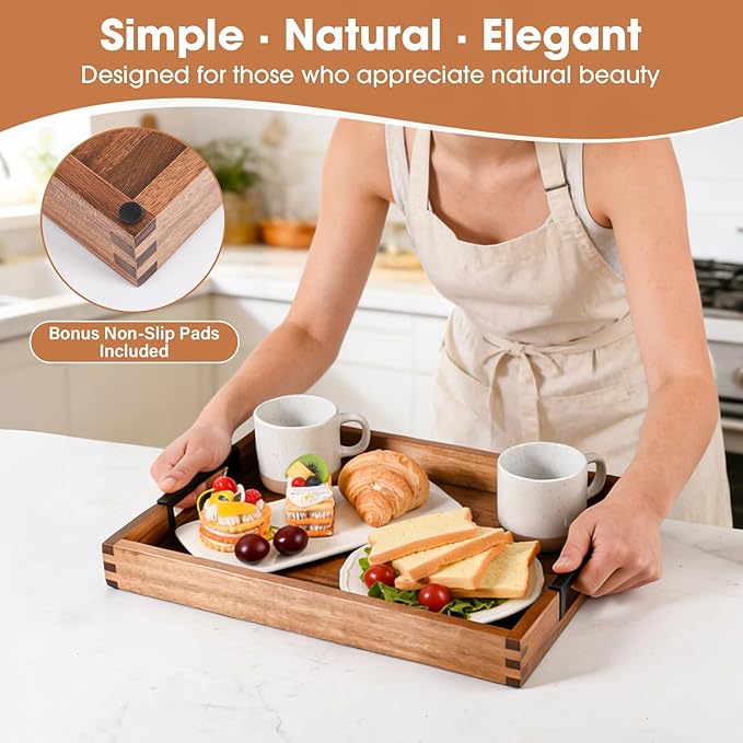 Large Ottoman Tray for Living Room and Coffee Table, Decorative Acacia Wood Serving Tray with Metal Handles for Breakfast in Bed, Dinner Food Kitchen TV (Natural, 17" x 13" x 2")