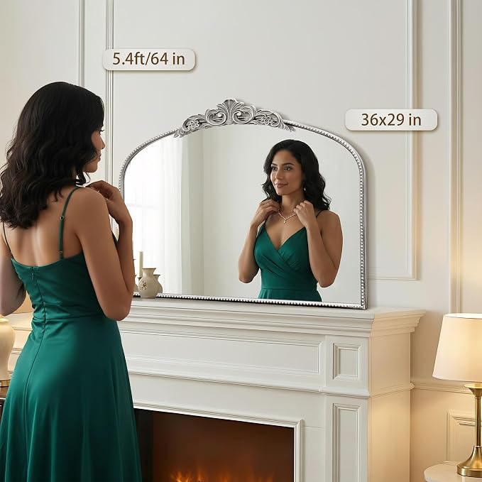 Micasso Vintage Silver Arched Mirror: 36"x29" French Baroque Antique Wall Mounted Mirror - Traditional Ornate Decorative for Wall/Fireplace/Entryway/Bathroom/Hallway - Home Decor for Living Room