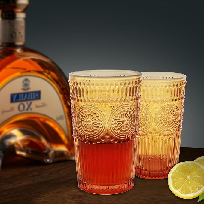 Loivttvv 6pcs Vintage Drinking Glasses Set, 12 oz Amber Highball Glasses, Embossed Ribbed Glassware Cups for Thanksgiving Cocktail, Juice, Whiskey