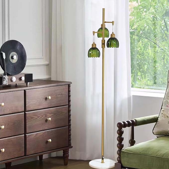 Dimmable Gold Floor Lamp,3-Light Vintage Retro Tree Floor Lamp,Farmhouse Standing Lamp with 3 Elegant Glass Green Flower lampshades for Living Room Bedroom (Brass Gold)