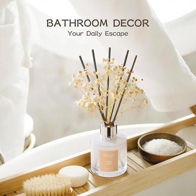 Airkeep Reed Diffuser Set,3.38 fl oz (100 ml) - Fresh Linen Oil Diffusers with 8 Reed Sticks, Home Fragrance Reed Diffuser for Bathroom Shelf Decor