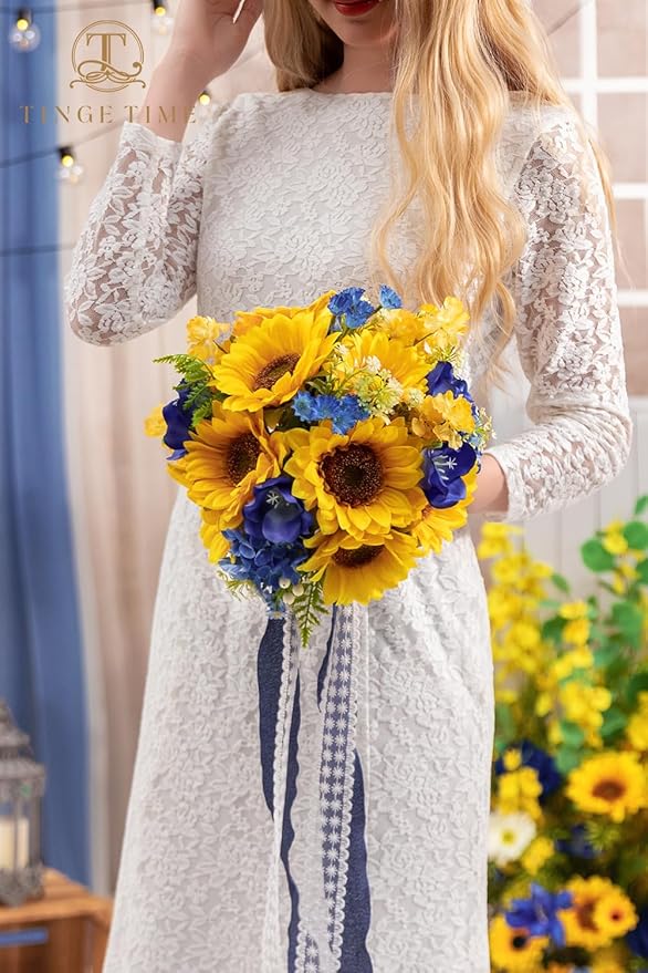TINGE TIME 9 inch Bridal Bouquets for Bride, Artificial Silk Flowers Tossing Bouquet, Bride Bouquets for Wedding, Ceremony, Anniversary (Sunflower&RoyalBlue)