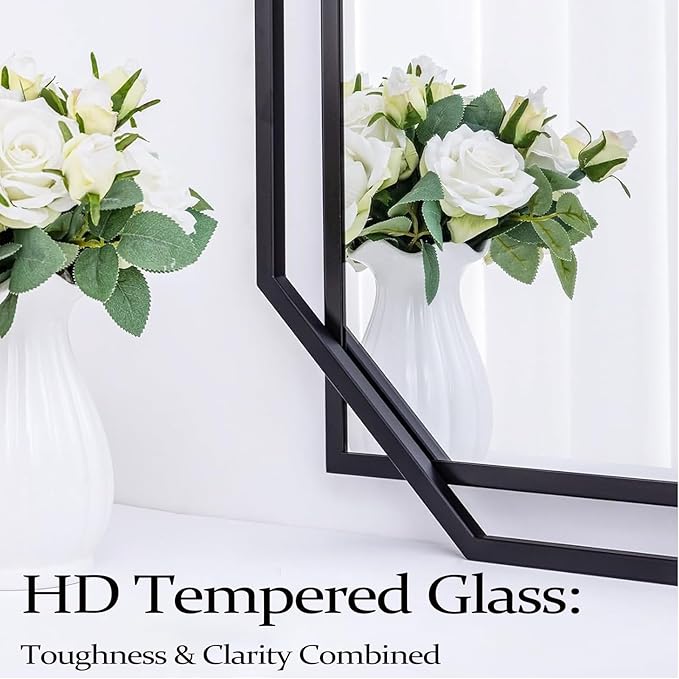 Decorative Wall Mirror, 40" x 28" Black Frame Bathroom Mirror for Wall with Modern Metal Octagonal, for Living Room, Dining Room, Entryway