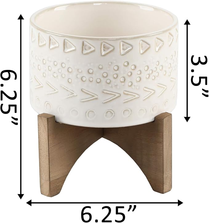 Flora Bunda Mid-Century 5 Inch Caveman Texture Ceramic Planter on Wood Stand, Ivory Caveman 5"