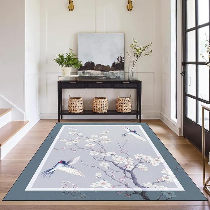 Cherry Blossom Area Rug 3D Swallow Sakura Floral Rugs for Entryway Bedroom Living Room Kitchen Home Decor Soft Non Slip Indoor Carpet Washable Low Pile Floor Mat,3'x5'