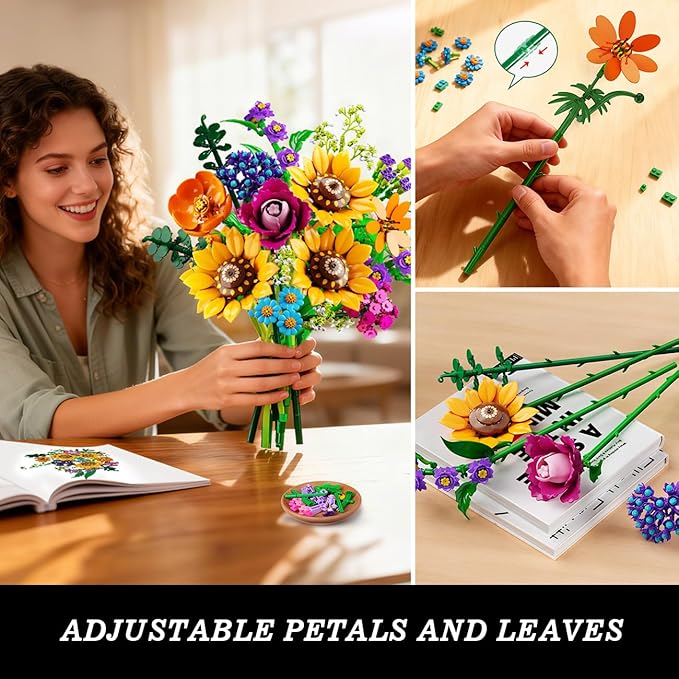 Wild Flowers Bouquet Building Set with Lights - Wildflower 18 Flower Botanicals Collection Building Blocks Sunflower Rose Violet Plants Home Decor Gift for Her Adults Women Girls 12+ (912PCS)