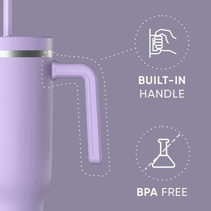 Hydrapeak Voyager 40 Oz Stainless Steel Tumbler with Handle, Insulated Water Bottle With Straw & Lid, Cupholder Friendly Reusable Travel Mug (Lavender)
