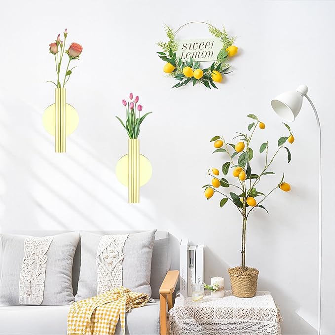 2 Pack Gold Circular Wall Vases for Flowers, Metal Hanging Wall Planters for Modern Home Decor, Hanging Flower Vase Holder for Faux & Dried Flowers, Wall Planters for Living Room & Bedroom Decor